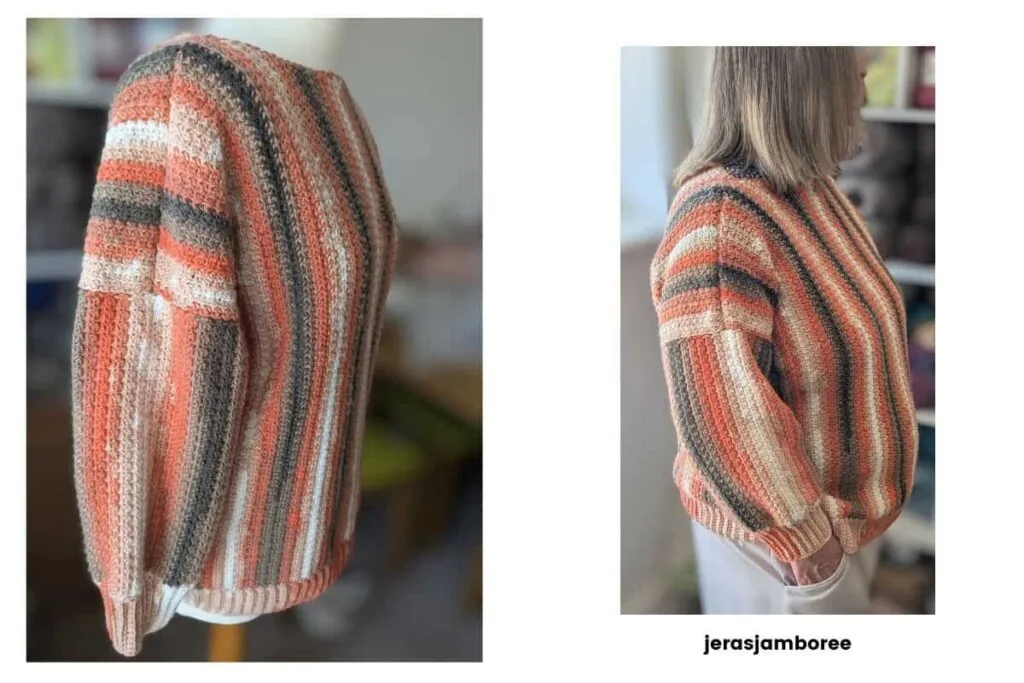 Side views of the Rowan Ridge crochet sweater showing the relaxed fit, dropped shoulders, vertical stripes and ribbed cuffs and hem.