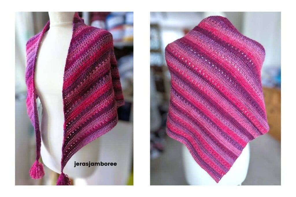 Mariselle crochet shawl shown from the front and back on a mannequin, highlighting its drape and diagonal striped stitch pattern