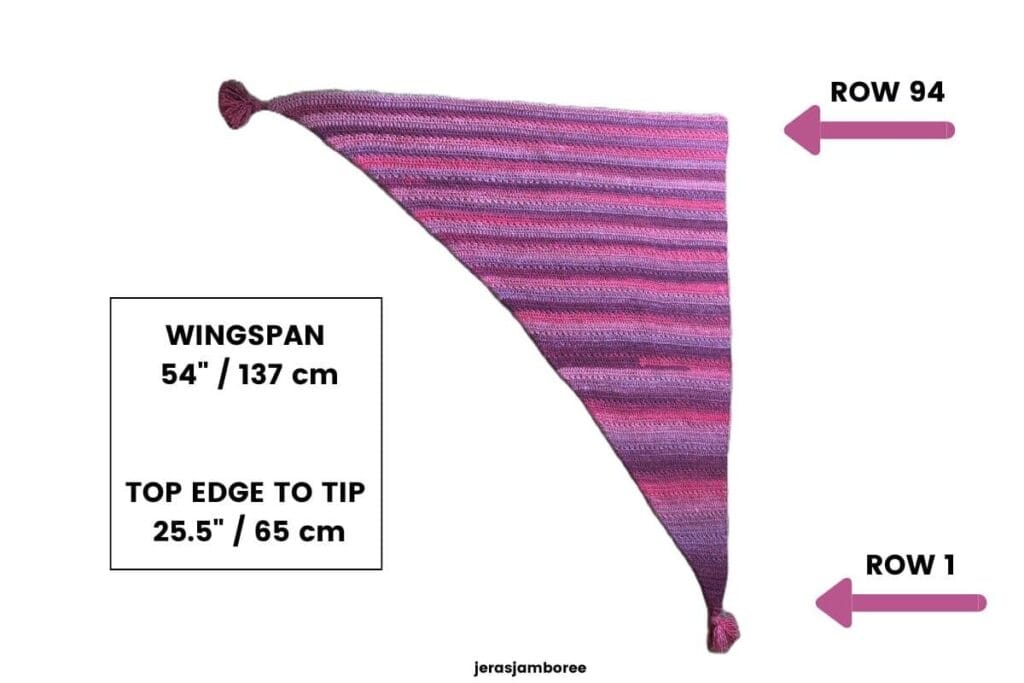 Mariselle bias crochet shawl construction showing Row 1 and Row 94, with a 54-inch wingspan and 25.5-inch measurement from top edge to tip