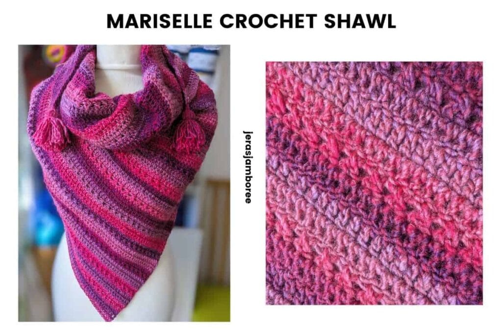 Mariselle crochet shawl in pink and purple self-striping yarn, shown worn on a mannequin looped around the neck alongside a close-up of the textured stitch pattern