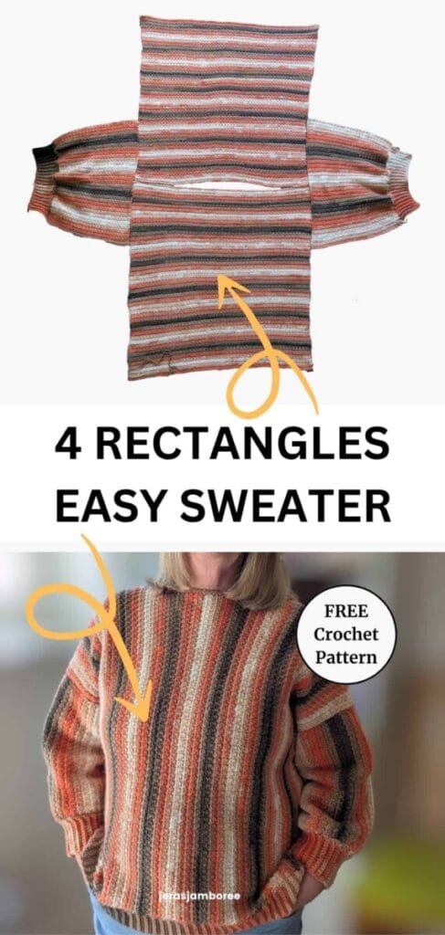 Rowan Ridge crochet sweater shown as four simple rectangular pieces and as a finished striped pullover, with text highlighting the easy construction and free crochet pattern.