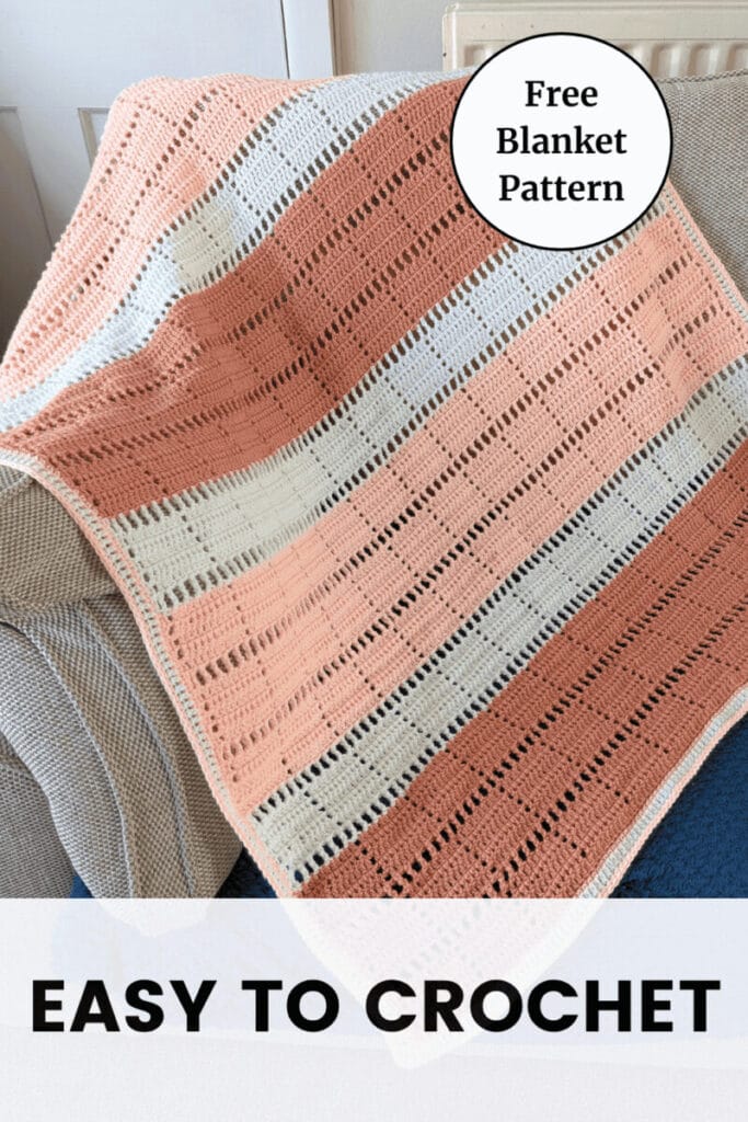 Marlowe crochet lap blanket draped over a sofa. Text overlay reads 'easy to crochet'